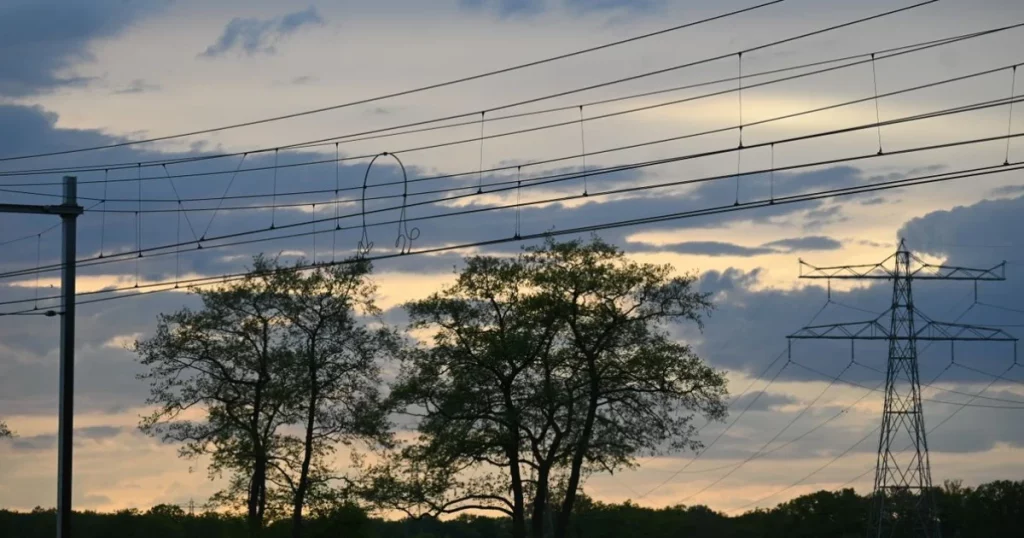 Scenic view of transmission towers and trees silhouetted at sunset in rural countryside.