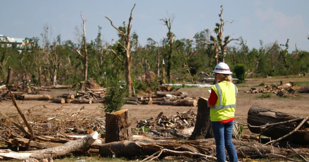Arborist removing a large tree from a residential backyard