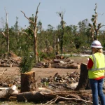 Arborist removing a large tree from a residential backyard